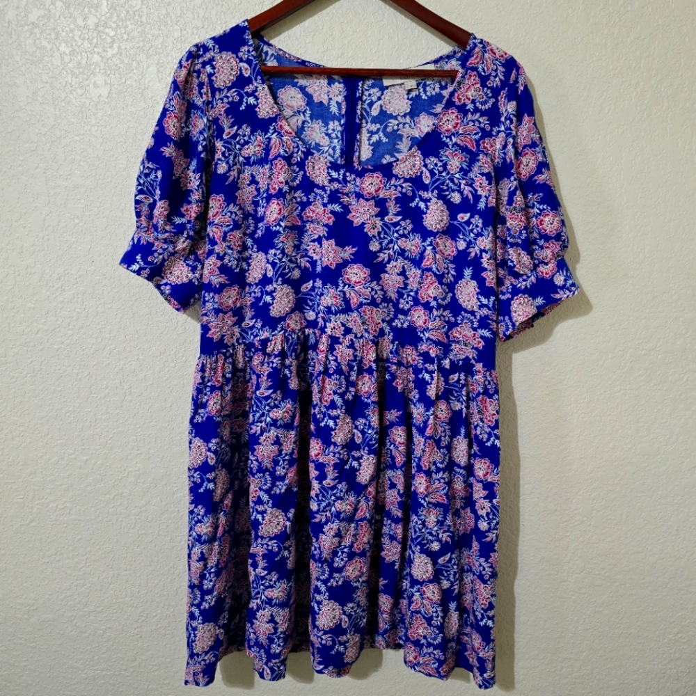 LOFT Puff Sleeve Swing Floral Blue Dress Size L